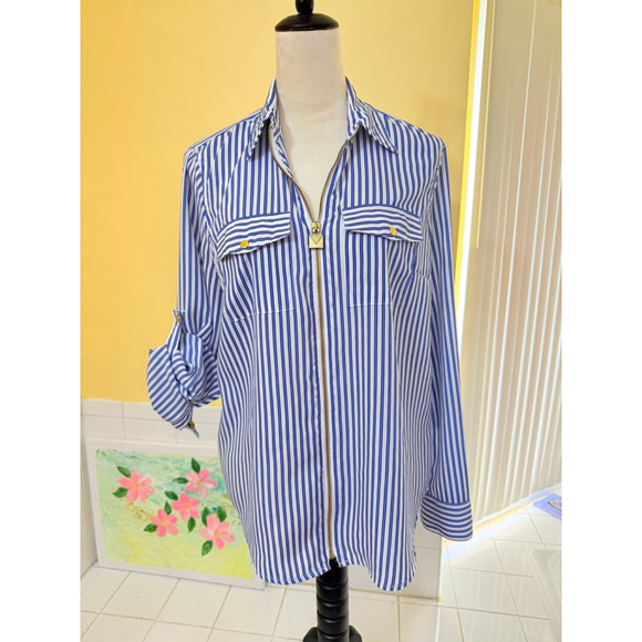 Women's Michael Kors Striped Full Zip Shirt, Size L, Blue/White - Picture 3 of 7